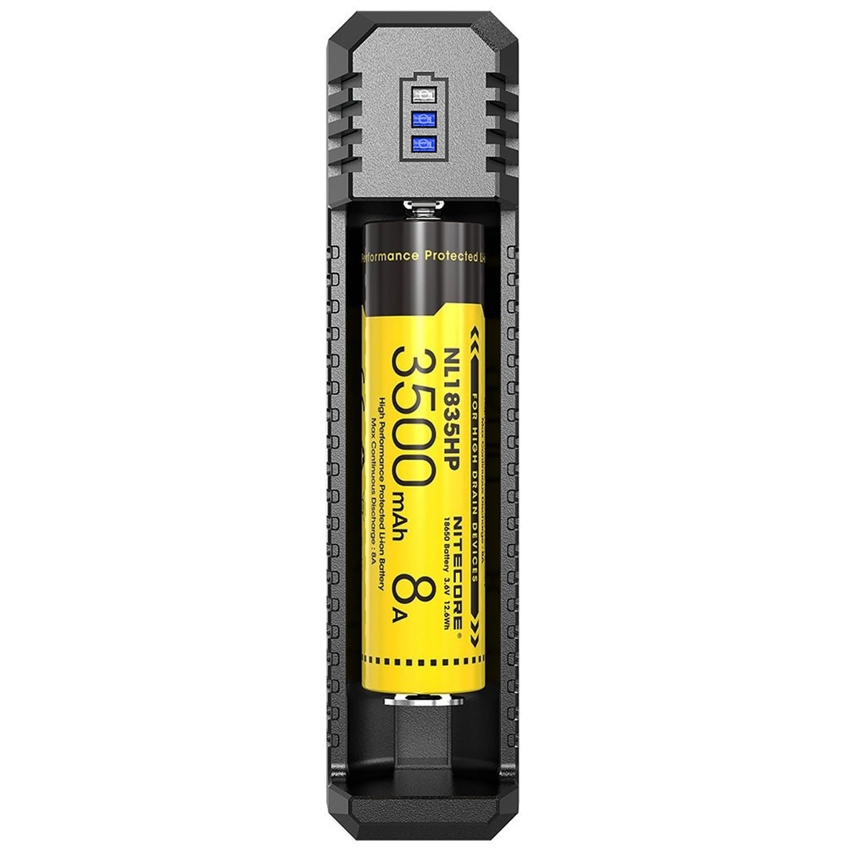 Nitecore 1fach USB-Ladegerät UI1 mit Ladestrom max. 800mAh, 3 LED, lädt 21700 mit max. 77mm