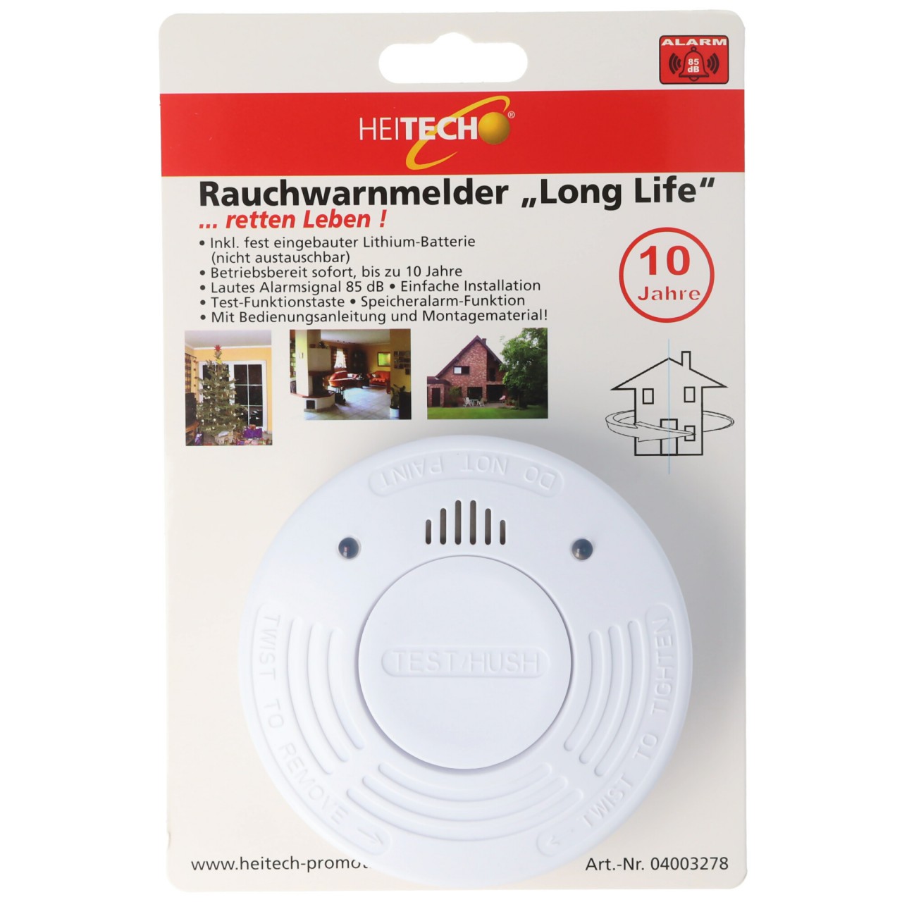 Rauchwarnmelder Long life bis zu 10 Jahre mit bereits fest eingebauter Lithium-Batterie, nicht austauschbar, Abmessungen 102x35mm