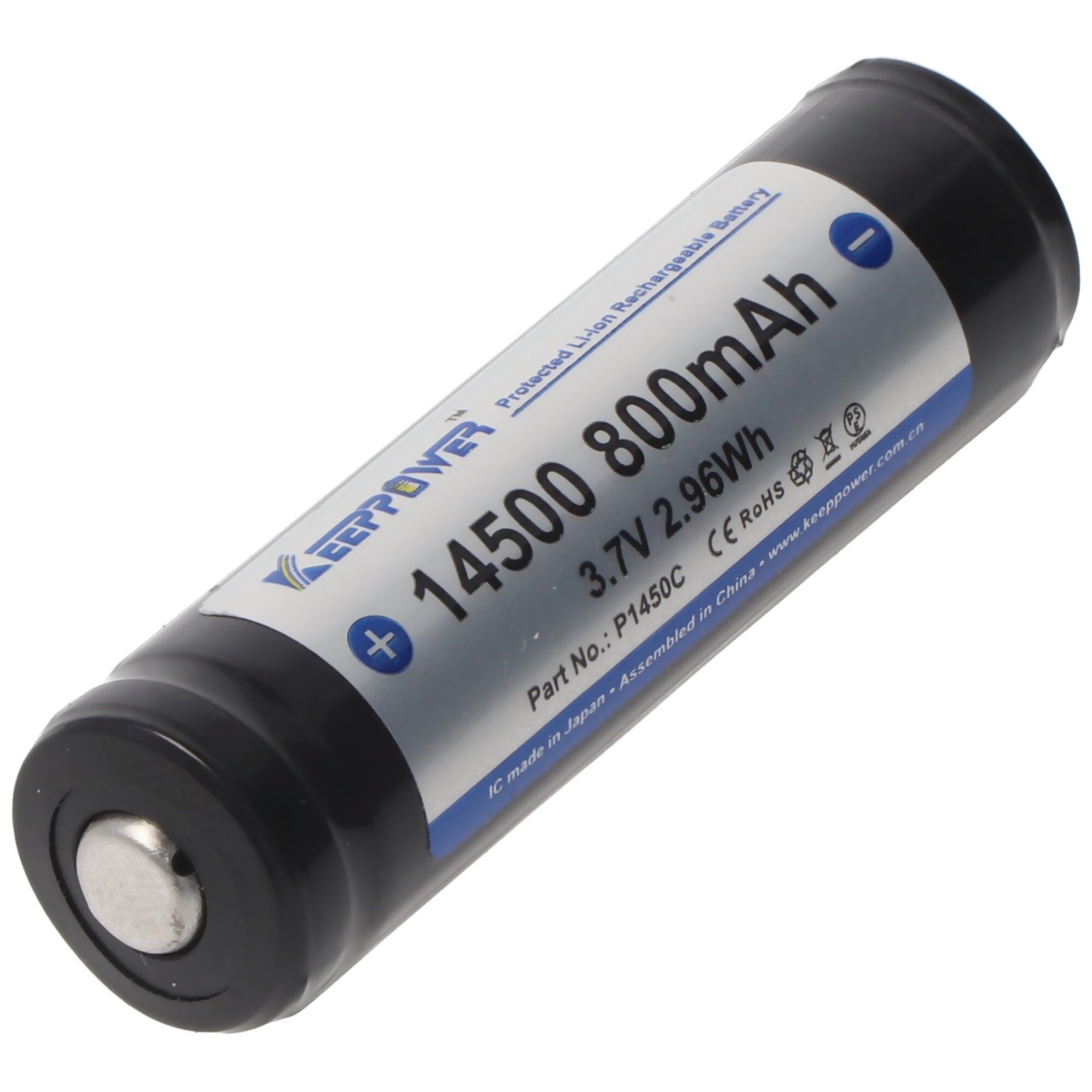 Keeppower 14500 mit 800mAh, 3,7V Li-Ion-Akku geschützt, 52 x 14,3mm Abmessungen