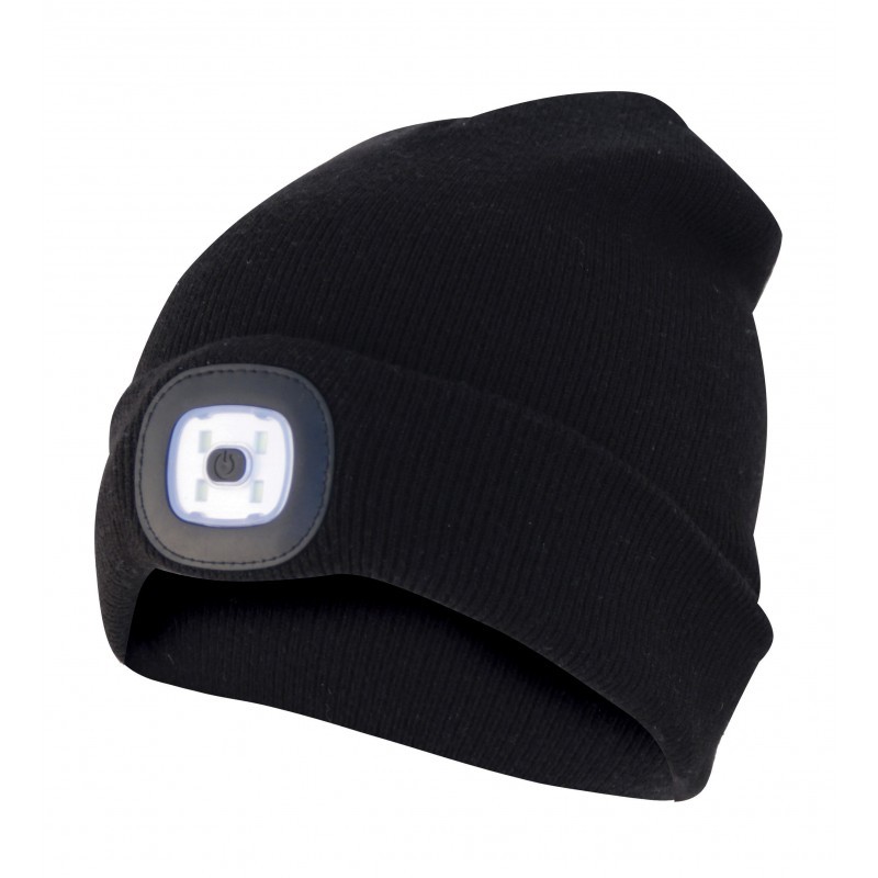 Mütze mit LED-Frontleuchte, Strickmütze mit LED-Licht ideal zum Joggen, Campen, Arbeiten, Spazieren etc., wiederaufladbar per USB und waschbar, schwarz