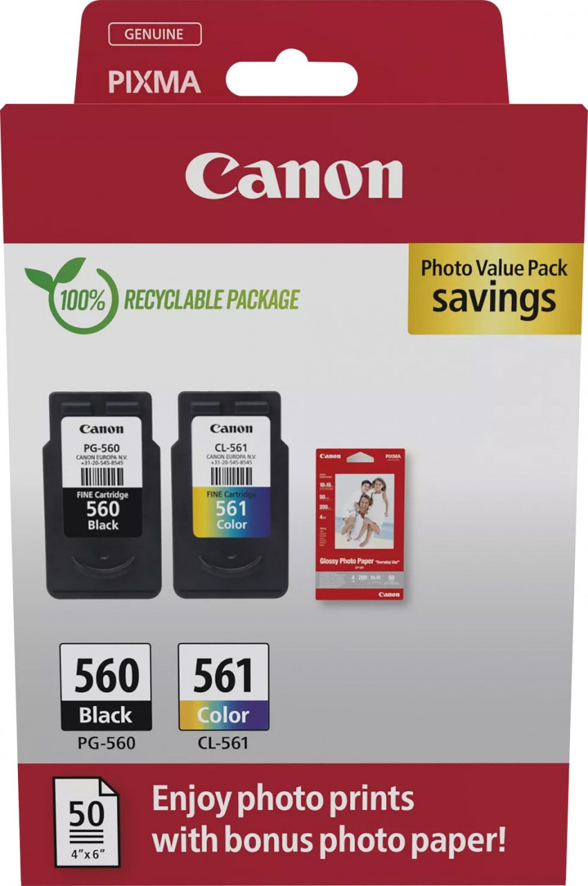 Canon Druckkopf Kombipack PG-560/CL-561 schwarz/color inkl. 50 Blatt Fotopapier 10x15cm