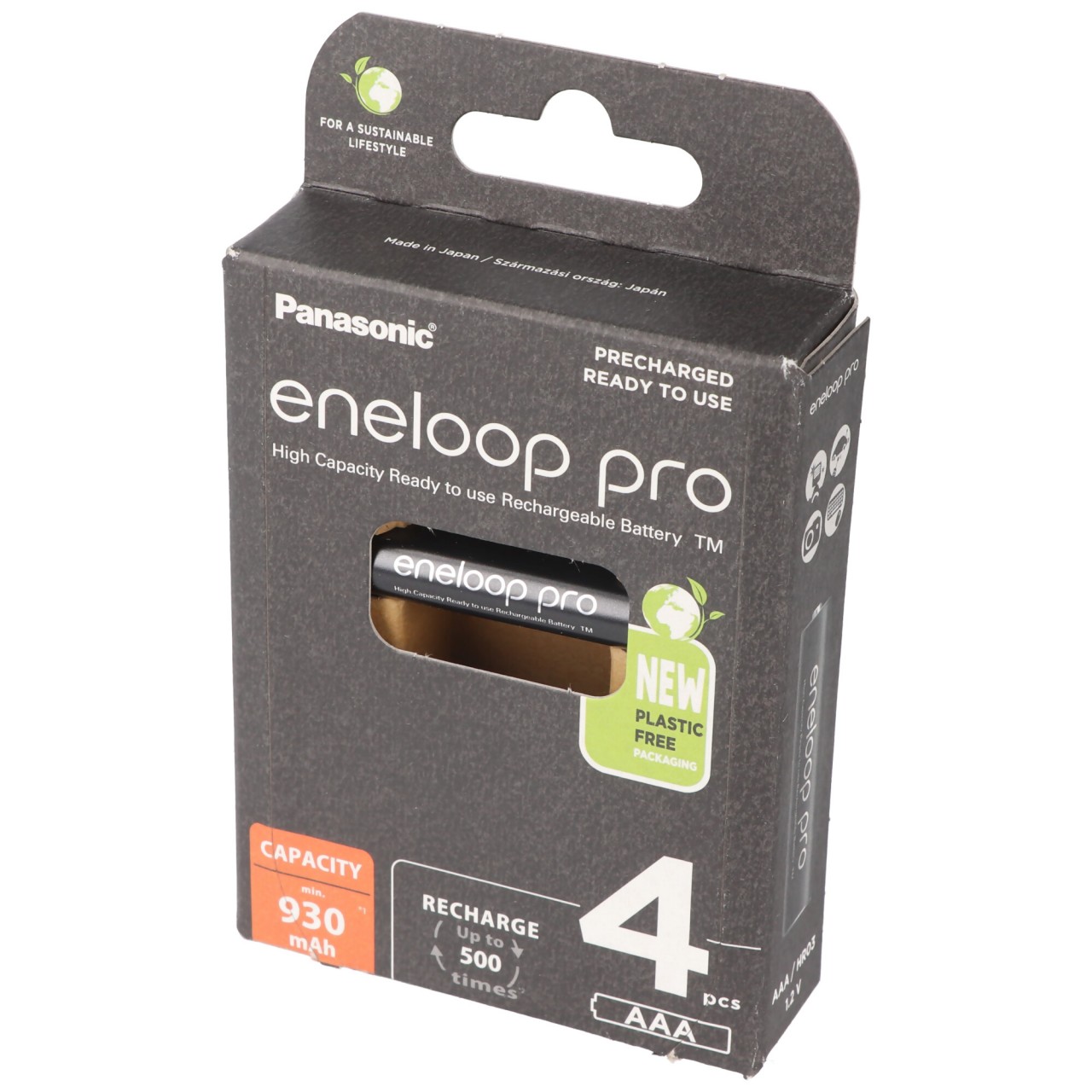 Panasonic eneloop pro, vorgeladen, Retail Blister (4-Pack) BK-4HCDE/4BE Akku NiMH, Micro, AAA, HR03, 1.2V und 930mAh 5410853064244