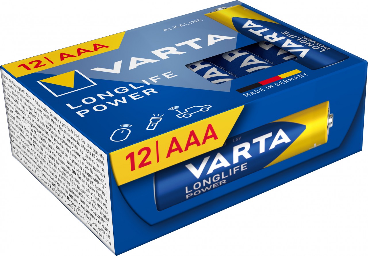 Varta Batterie Alkaline, Micro, AAA, LR03, 1,5V Longlife Power, Cube, Retail Box (12-Pack)