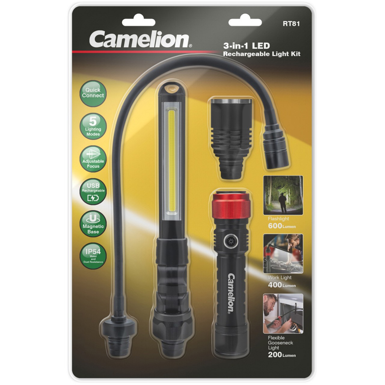 3-in-1 LED Taschenlampen Set, wiederaufladbar mit Akku und USB-Ladekabel