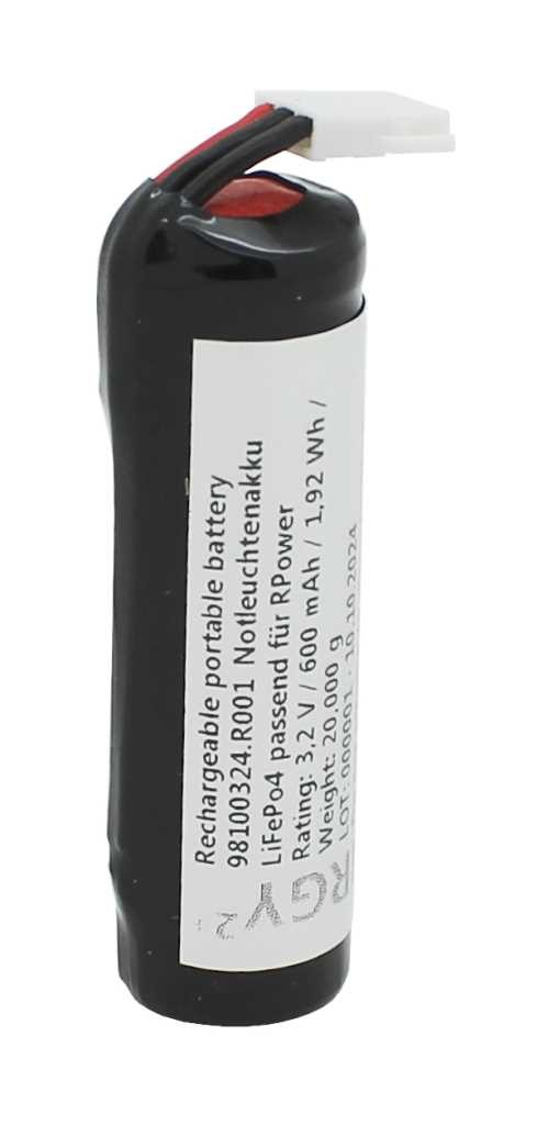 Notleuchtenakku LiFePo4 3,2V 600mAh mit Kabel und Stecker passend für RPower LFP32057.K