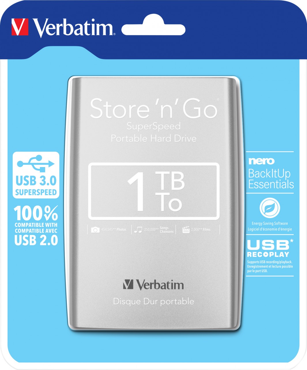 Verbatim Festplatte 1TB, USB 3.0, 6.35cm (2.5''), silber Store´n´Go, Portable, Software Nero Backup, Retail