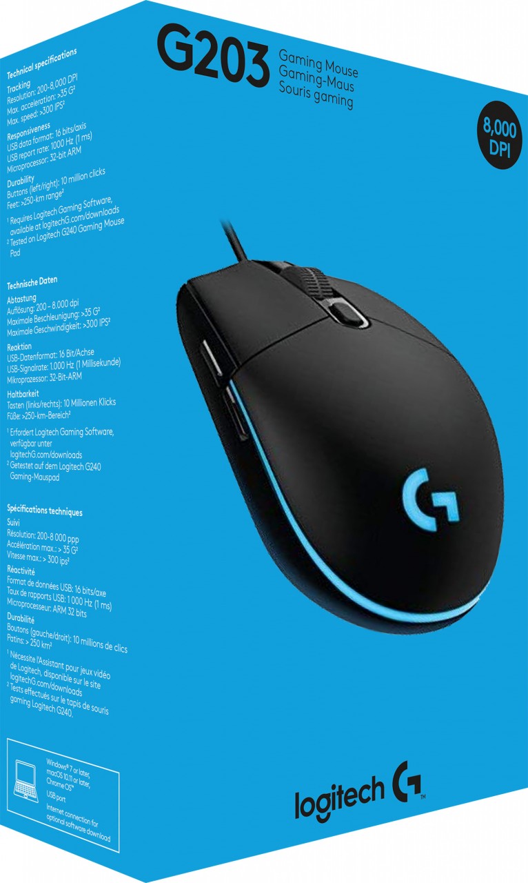Logitech Gaming Maus G203, USB, schwarz Optisch, 8000 dpi, 6 Tasten, Lightsync, Retail