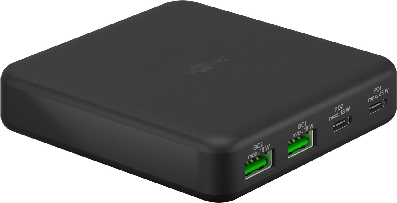 Goobay Multiport 4-fach Tischladegerät (65 W) schwarz - Ladeport mit 2x USB-C™-Anschlüssen (Power Delivery) und 2x USB-A-Anschlüssen (Quick Charge 3.0)