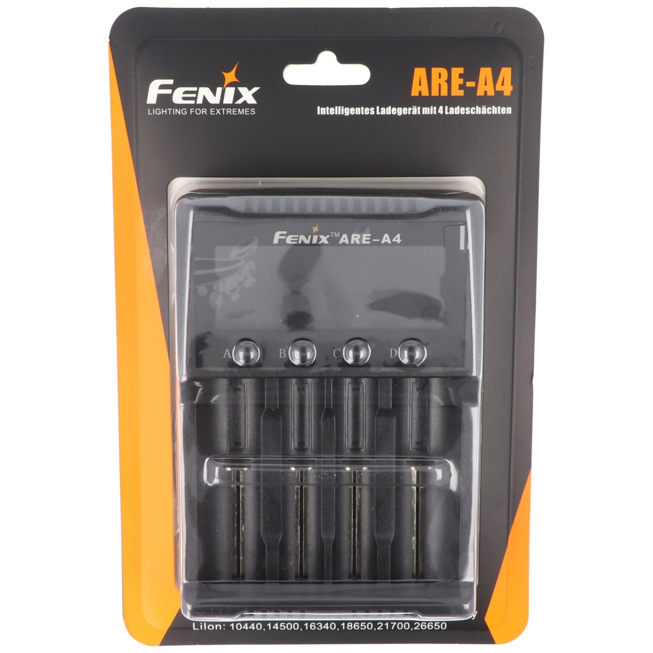 Fenix ARE-A4 Ladegerät für Li-ion 18650, 21700, AA, AAA, C, 26650 lädt bis max. 76mm Länge