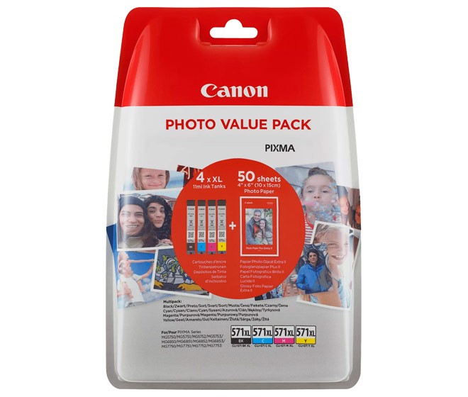 Canon Tintenpatronen Value-Pack CLI-571XL BK/C/M/Y inkl. 50 Blatt Fotopapier 10x15cm