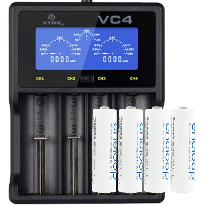 Panasonic eneloop, Ready-to-Use NiMH Akku, AA Mignon, 4er Pack und LCD Schnell-Ladegerät für NiMH und Li-Ion Akku