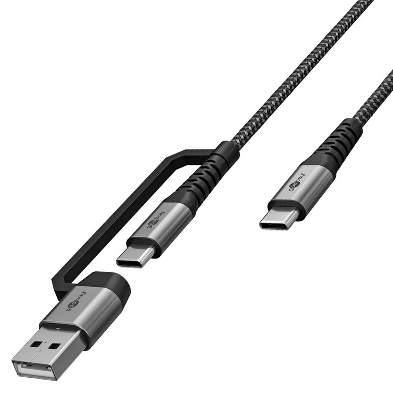2in1 USB-Ladekabel, spacegrau / silber, 3m 60W, 3 A, extrarobustes USB-C™-Ladekabel mit Adapter für USB-A-Geräte