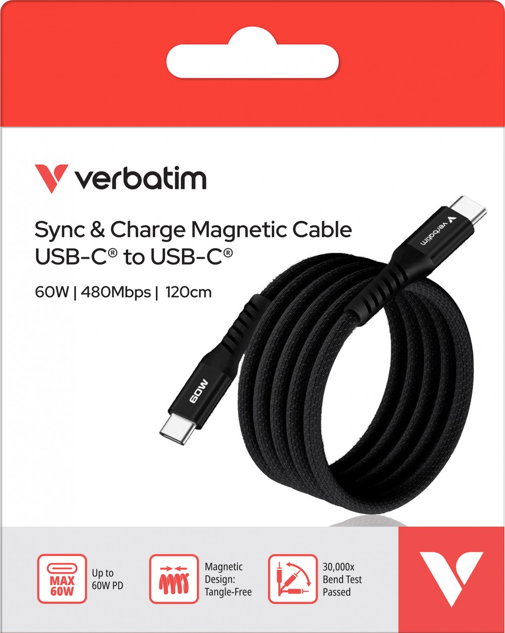 Verbatim Ladekabel, USB-C/USB-C, 1.2m, schwarz Sync&Charge, 60W, 480MBit/s, Magnetic, Retail