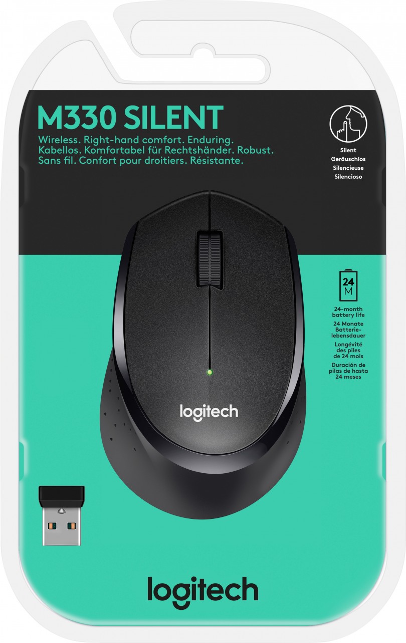 Logitech Maus M330, Silent, Wireless, schwarz Optisch, 1000 dpi, 3 Tasten, Retail