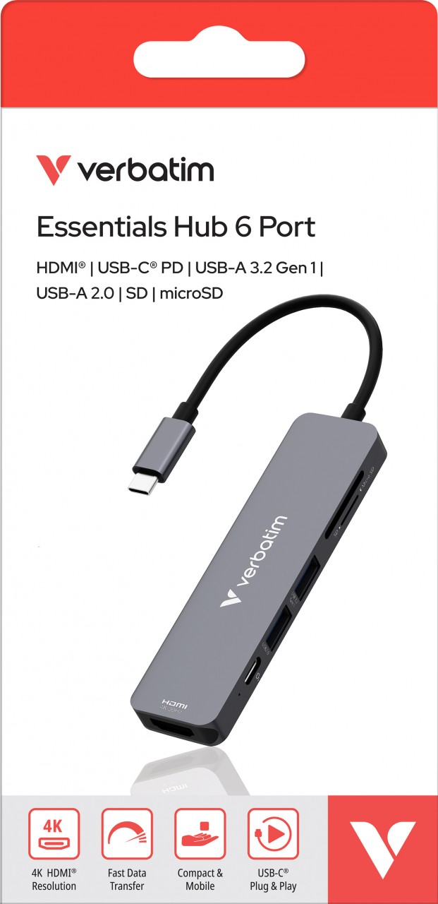 Verbatim Hub, USB-C Essentials, 6 Port mit Card Reader HDMI, 2x USB-A, 1x USB-C PD, Retail-Blister