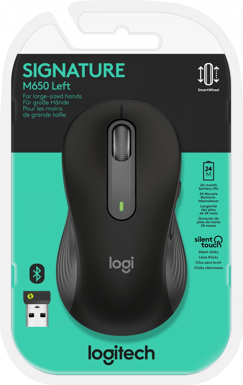 Logitech Maus M650 L, Signature, Wireless, Bolt, Bluetooth, grafit Optisch, 400-4000dpi, 5 Tasten, Left, Large, Retail