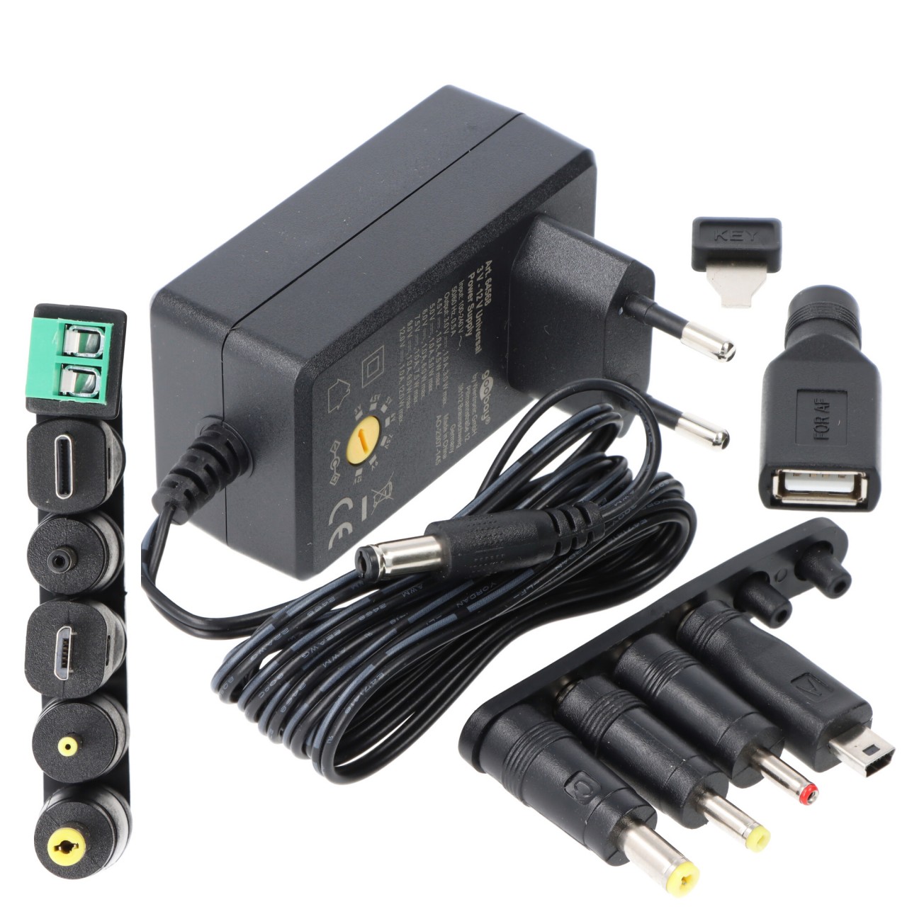 3 V - 12 V Universal-Netzteil inkl. 6 DC-Adapter - max. 12 W und 1 A