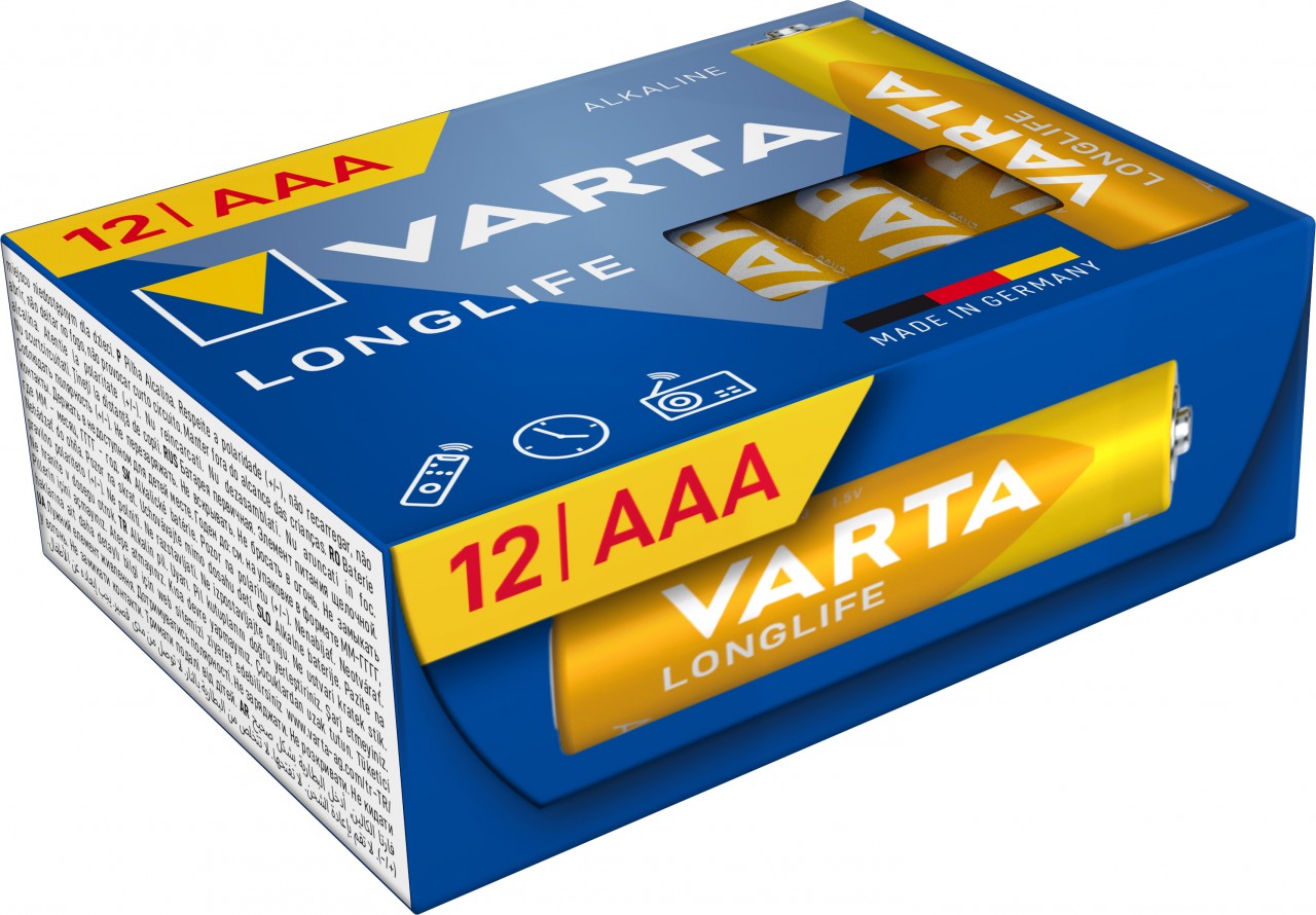 Varta Batterie Alkaline, Micro, AAA, LR03, 1.5V Longlife, Cube, Retail Box (12-Pack)