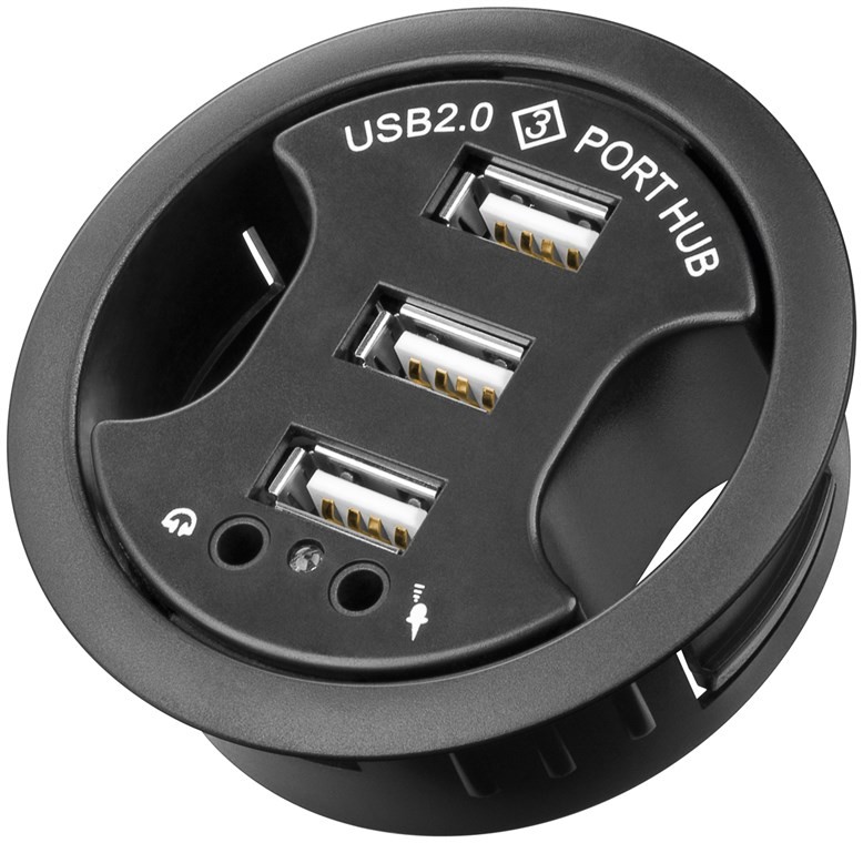 Goobay 3-fach USB 2.0 Hi-Speed Einbau-HUB/Verteiler + Audio - zum Einbau in 60 mm Tischdurchführungen mit Audio-Anschluss