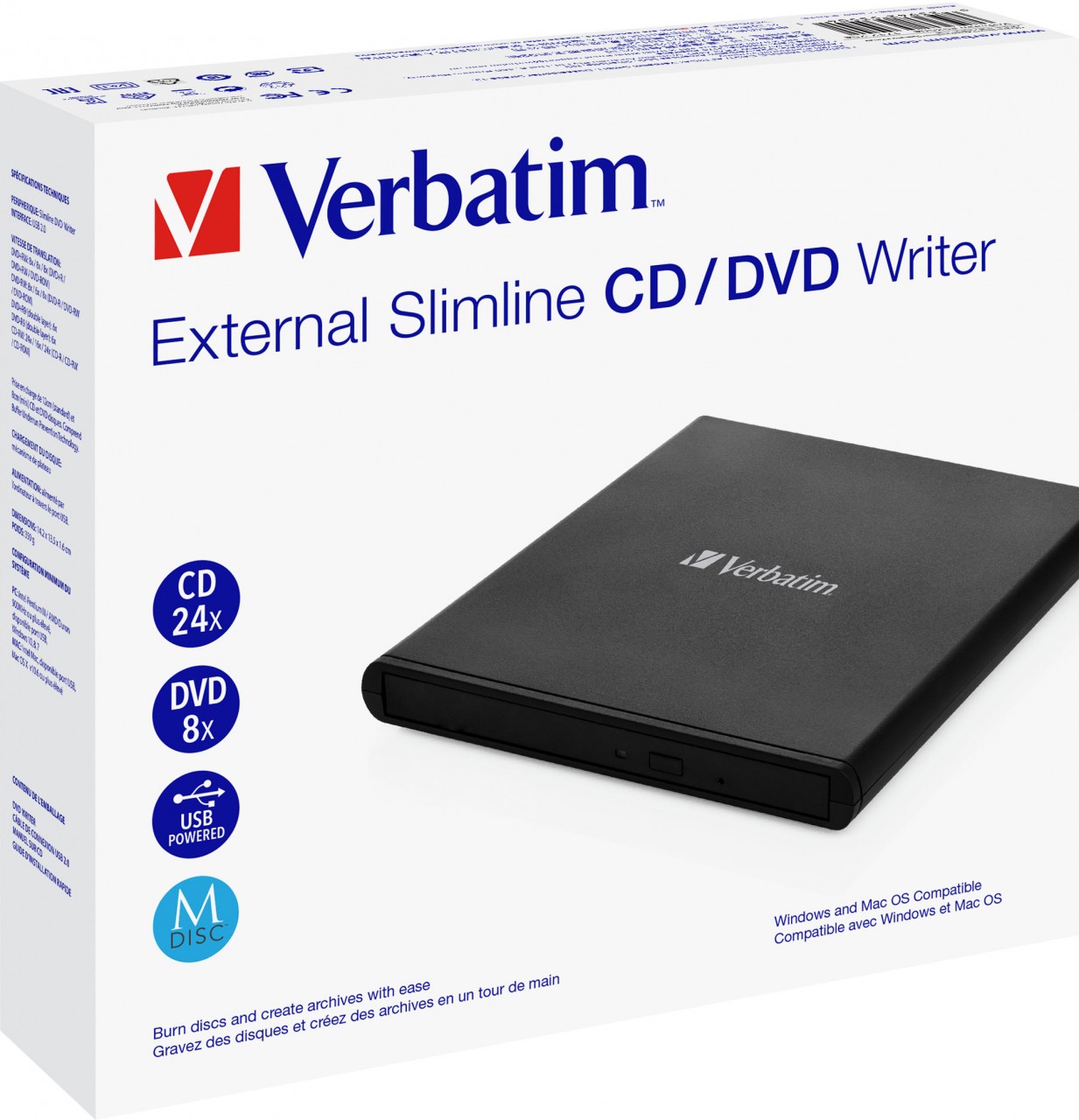 Verbatim DVD Recorder, USB 2.0, 8x/6x/24x, Slimline Portable, schwarz, M-DISC, Retail