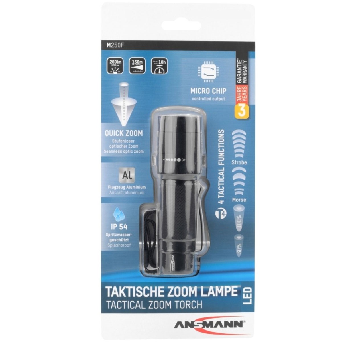 Ansmann M250F Professionelle LED-Taschenlampe mit der stufen- sowie endlosen Fokussierung