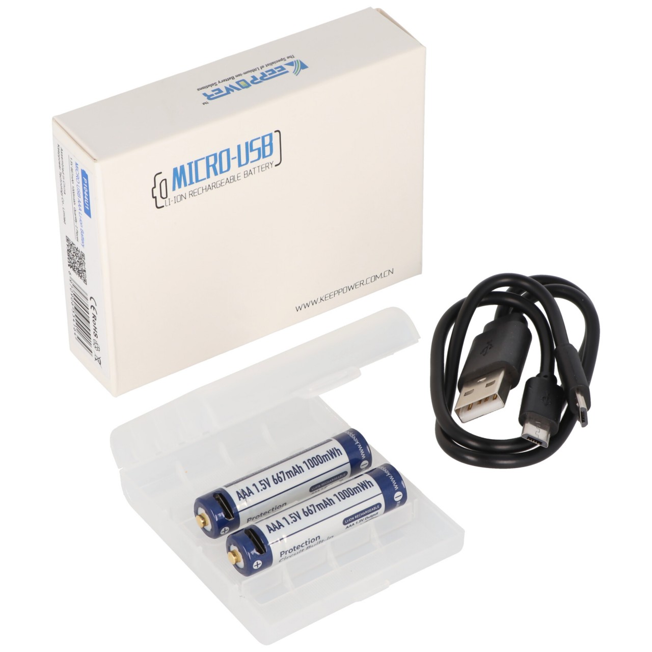 2 Stück Keeppower AAA 1,5V 1000mWh Lithium Ionen Akku, Micro, AAA, LR03, mit USB-Ladebuchse, wiederaufladbar über micro USB
