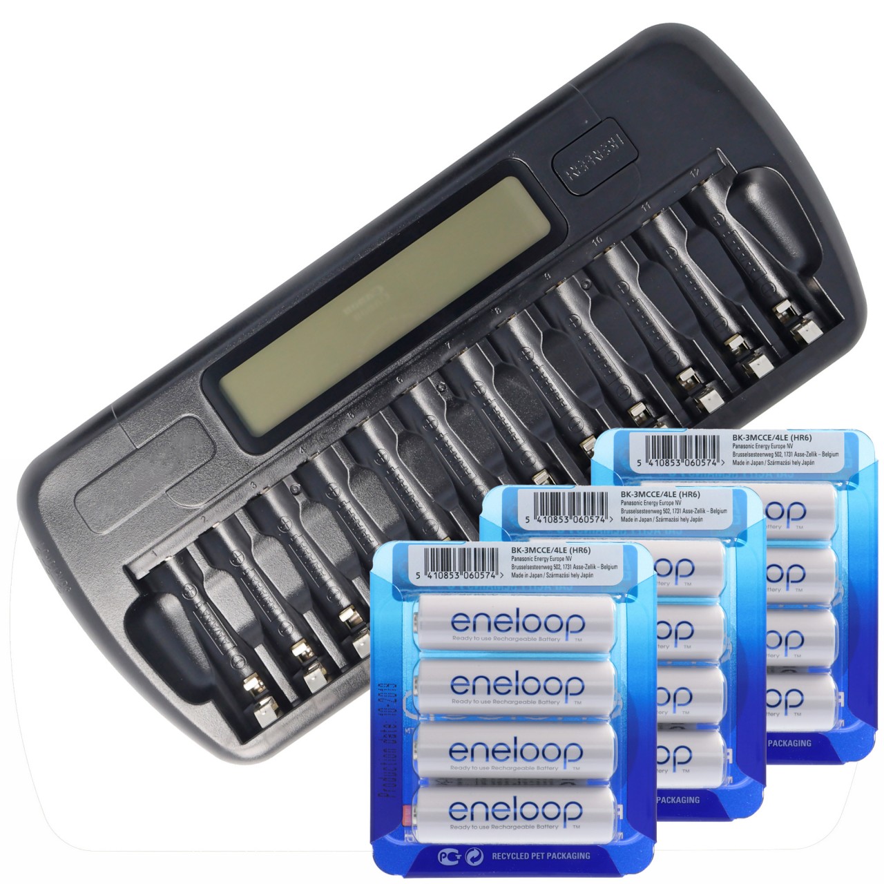 Panasonic eneloop Standard HR-3UTGA 12 Stück AA Mignon Akkus, LCD-Ladegerät mit Display für 1-12 AA