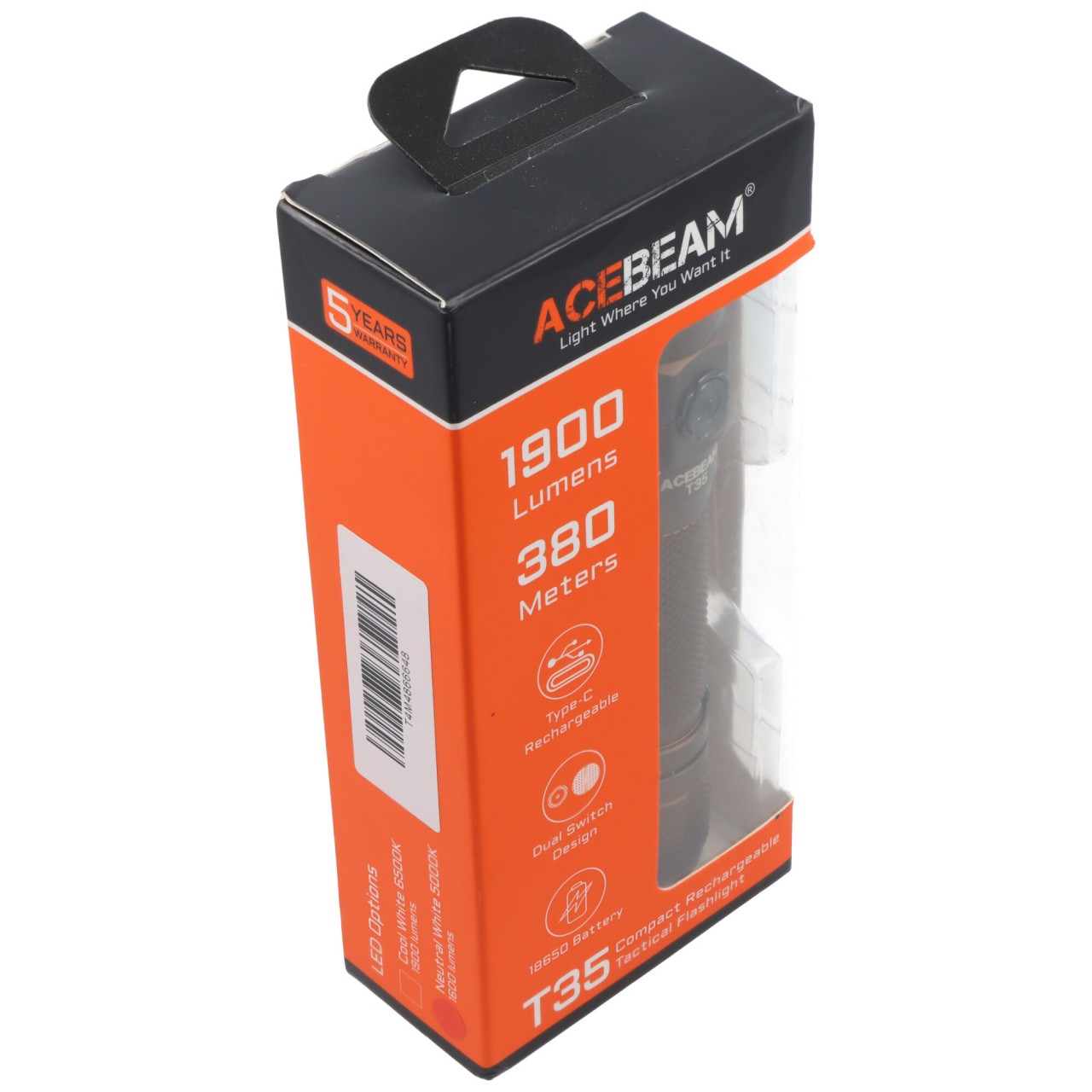AceBeam T35 LED-Taschenlampe mit bis zu 1.600 Lumen, 352 Meter Leuchtweite, 5.000K, braun