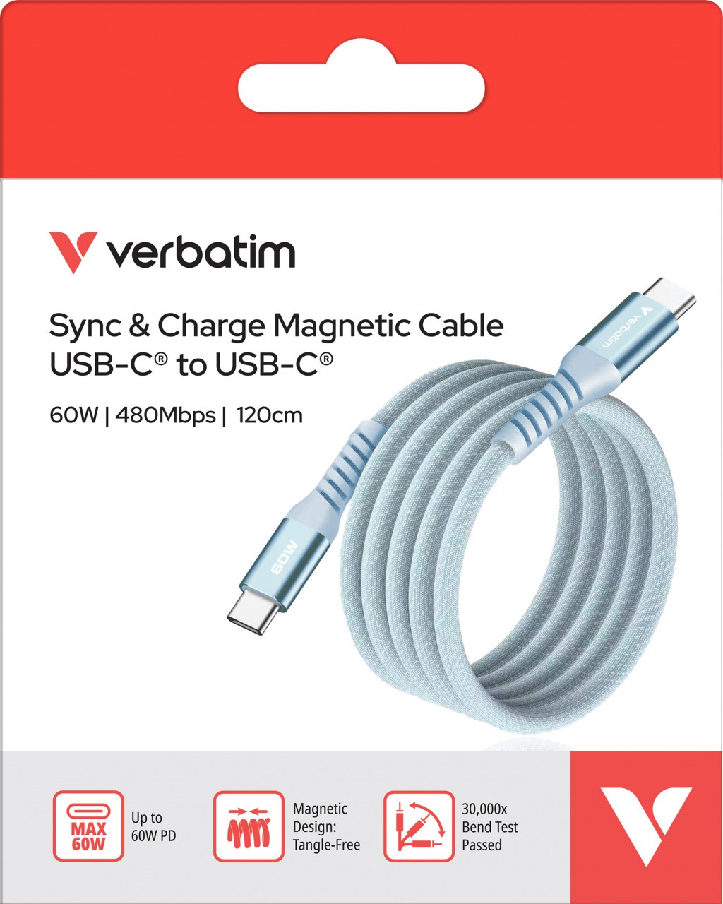 Verbatim Ladekabel, USB-C/USB-C, 1.2m, blau Sync&Charge, 60W, 480MBit/s, Magnetic, Retail