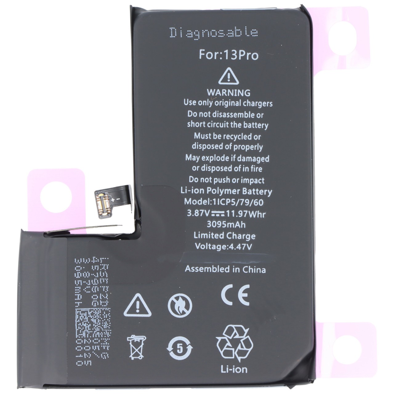 Akku passend für Apple iPhone 13 Pro, diagnostizierbar, Li-Polymer, 3,85V, 3095mAh, 11,9Wh,  ohne Werkzeug