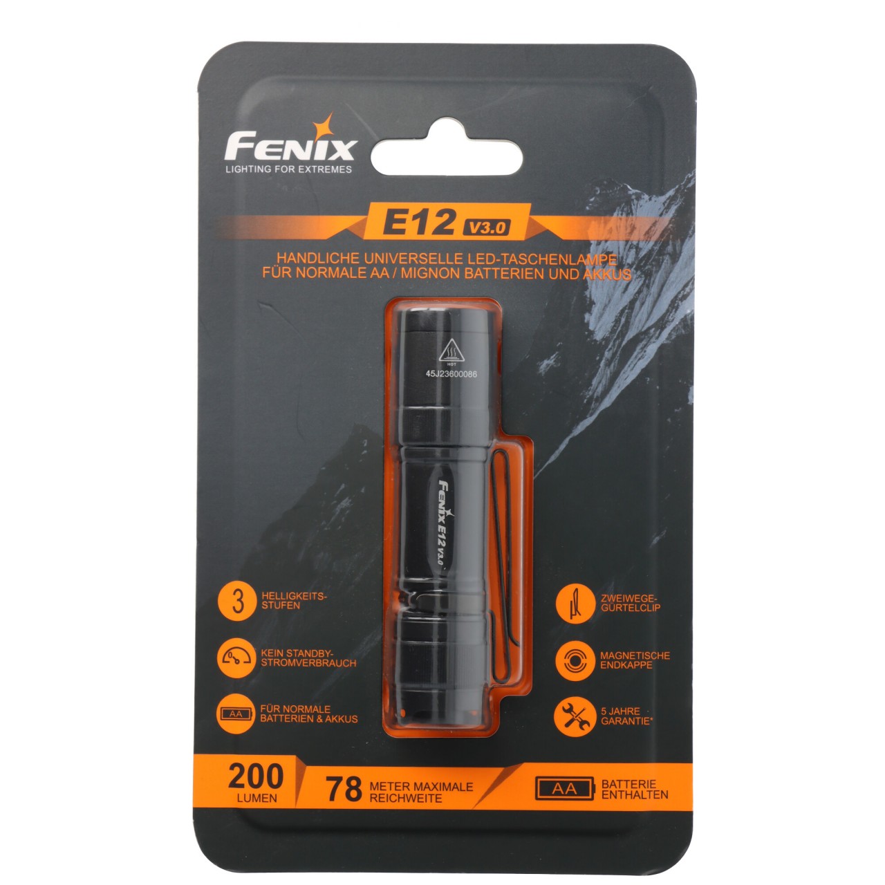 Fenix E12 V3.0 LED-Taschenlampe, max. 200 Lumen, Einhandbedienung, ultrakompakt und leicht, batteriebetrieben