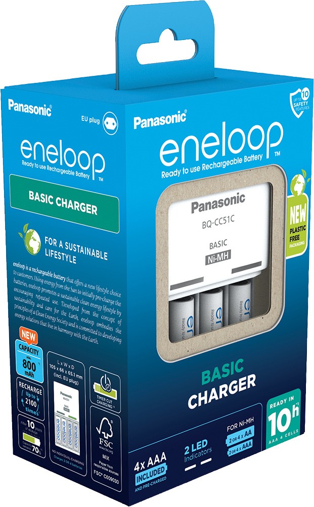 Eneloop Akku NiMH, Universal Ladegerät, Basic Charger inkl. Akkus, 4x Micro, AAA, 800mAh, Retail-Box