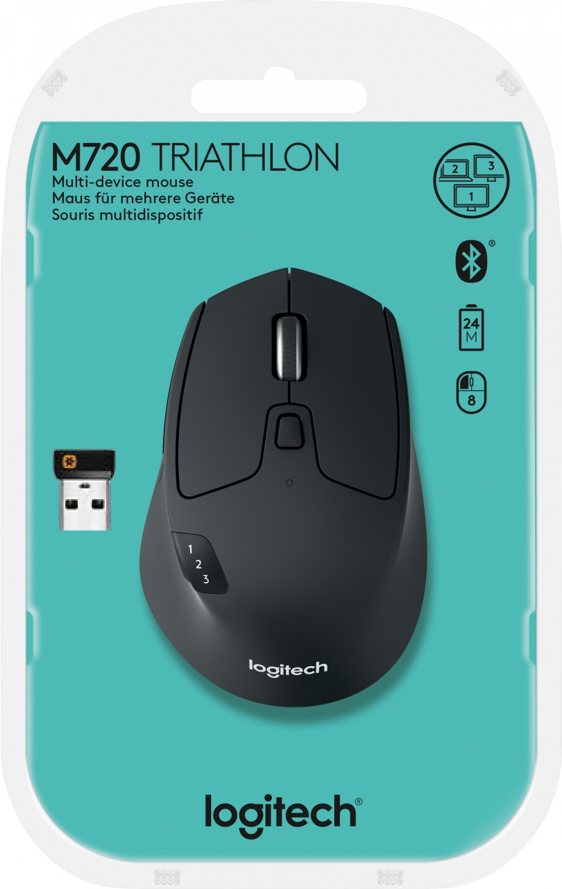 Logitech Maus M720, Triathlon, Wireless, Unifying, Bluetooth, schwarz Optical, 1000 dpi, 8 Tasten, Retail