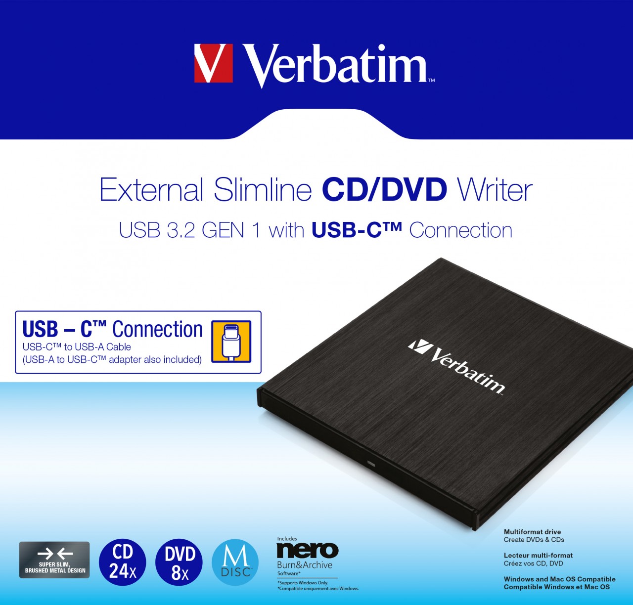 Verbatim DVD Recorder, USB 3.2, A-C, 8x/6x/24x, Slimline Portable, schwarz, M-DISC, Software, Retail