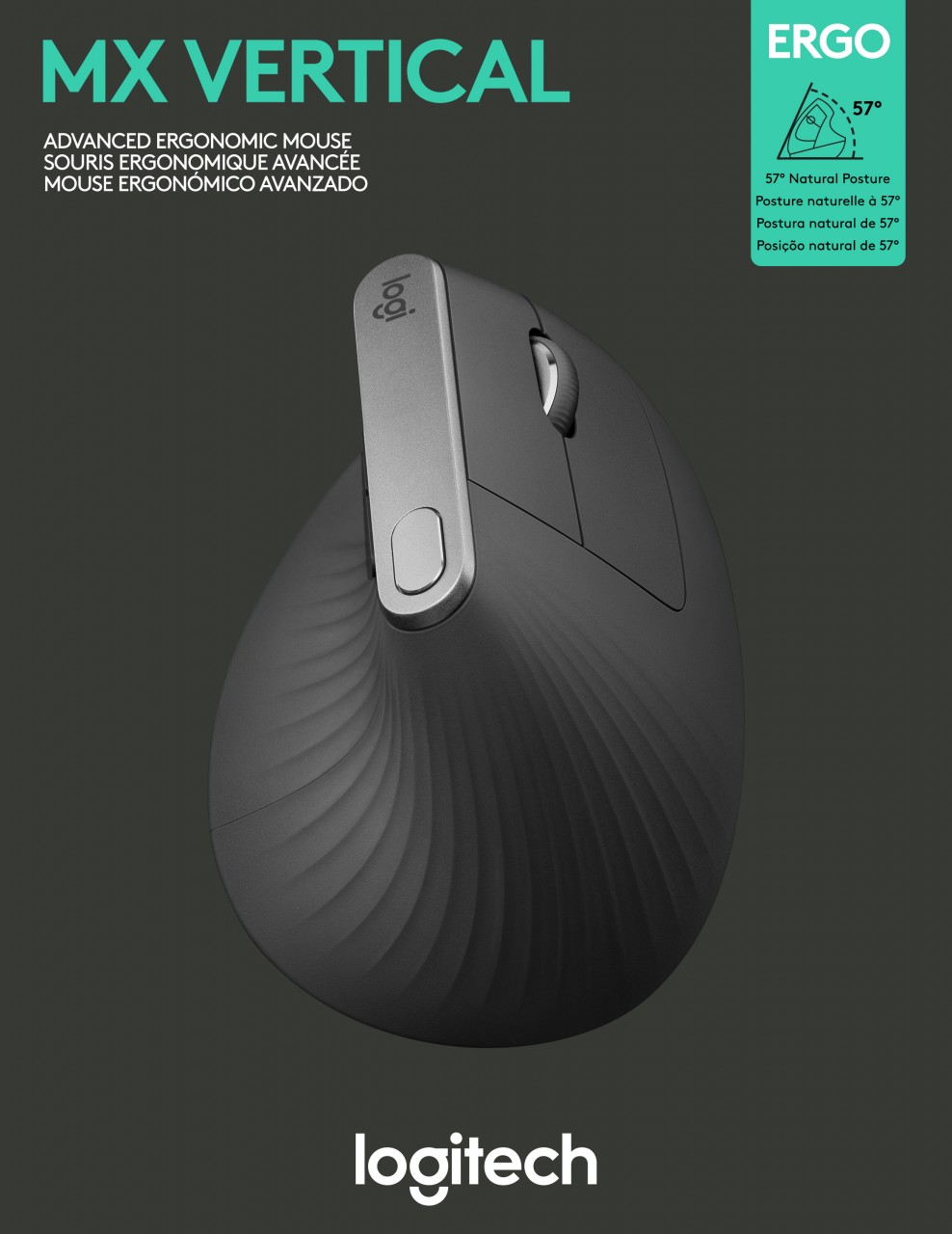 Logitech Maus MX Vertical, Wireless, Unifying, Bluetooth, anthrazit Laser, 4000 dpi, 6 Tasten, Akku, Retail