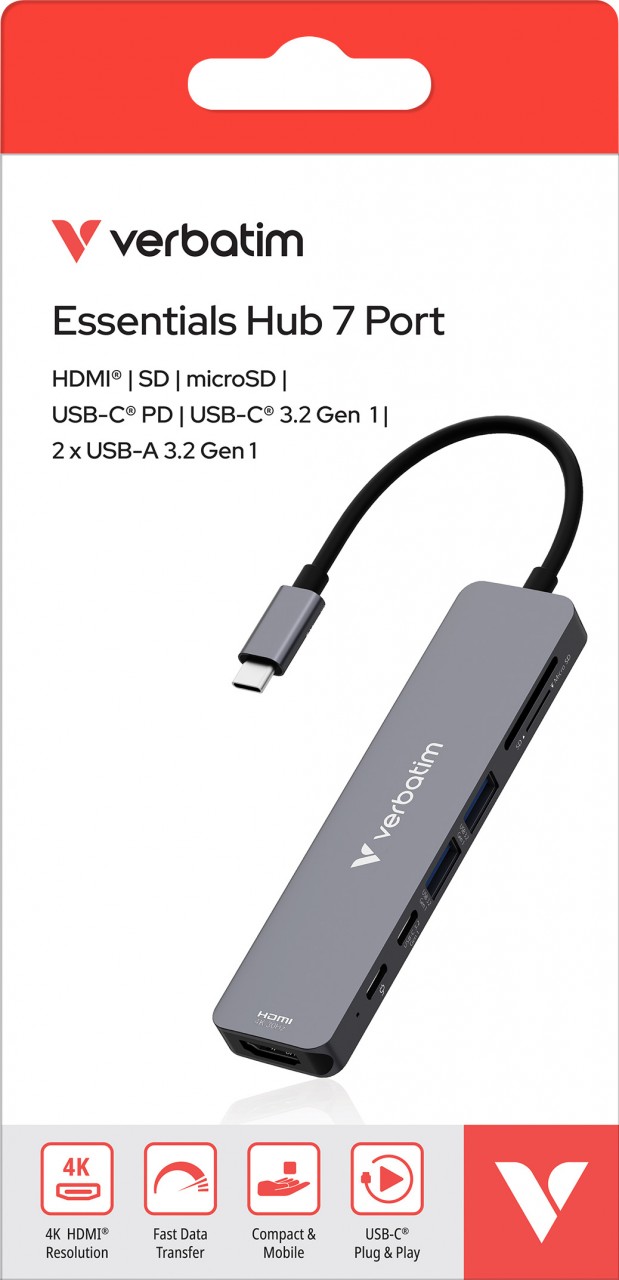 Verbatim Hub, USB-C Essentials, 7 Port mit Card Reader HDMI, 2x USB-A, 2x USB-C PD, Retail-Blister