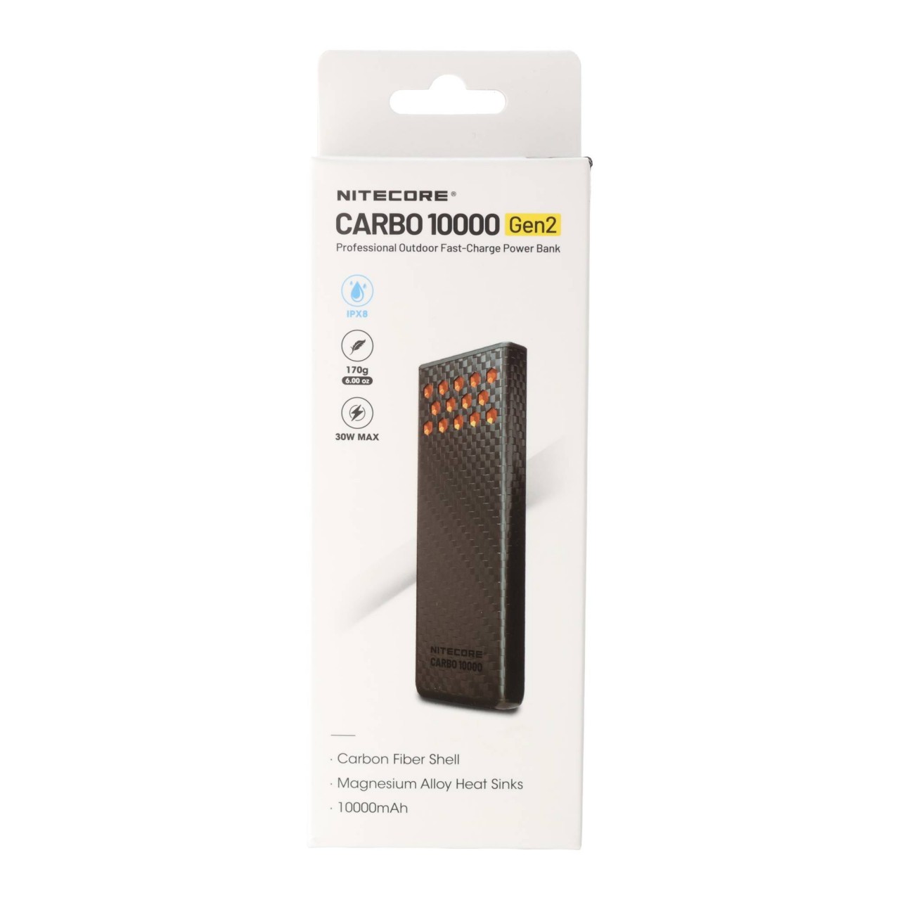 Nitecore CARBO10000 GEN2 Powerbank – 10.000 mAh Ultraleichtes Carbon-Gehäuse, Neon-Organge