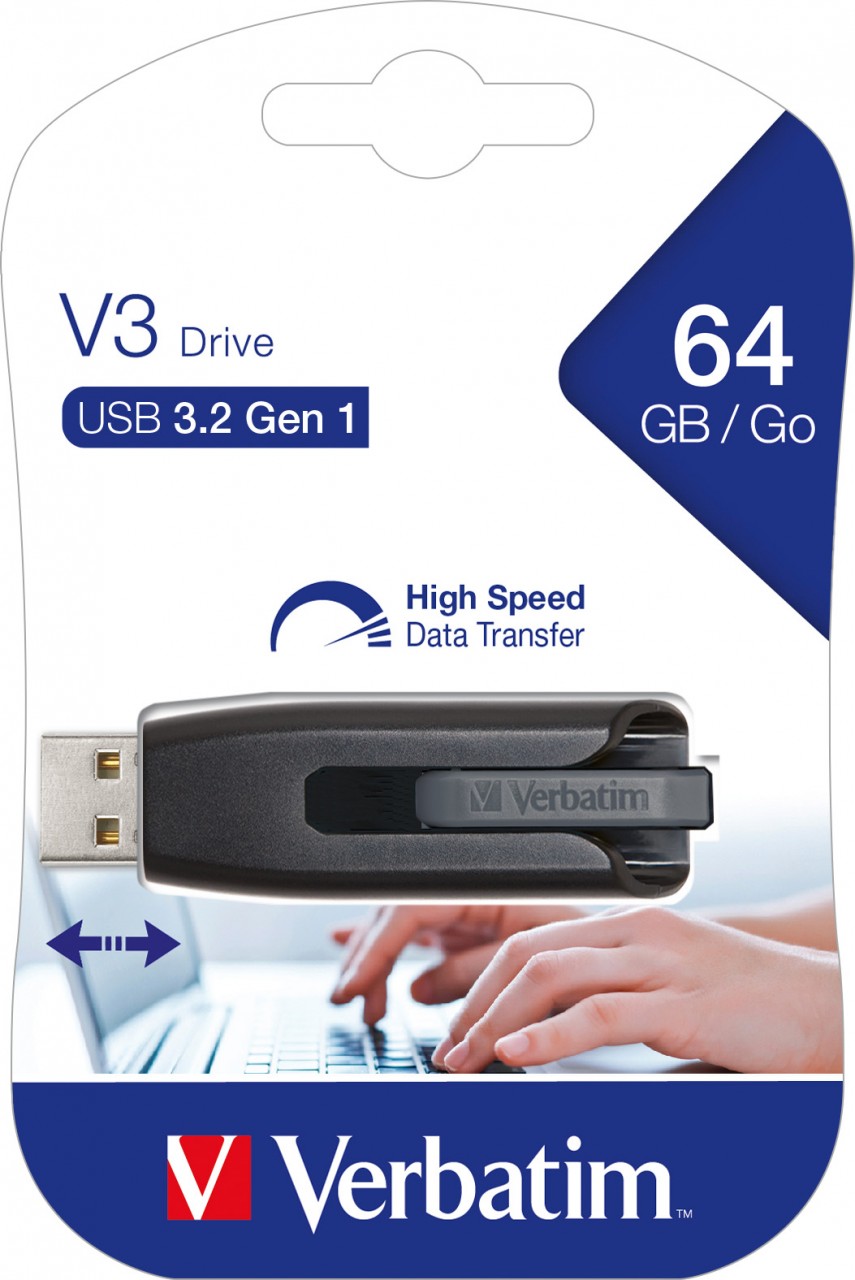 Verbatim USB 3.2 Stick 64GB, V3 Drive, grau Typ-A, (R) 80MB/s, (W) 25MB/s, Retail-Blister
