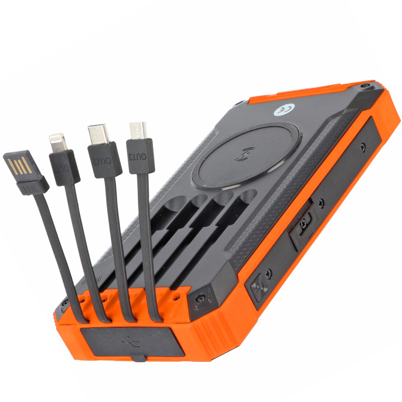 20000mAh Powerbank mit 4 Ladekabel, QI-Ladefunktion, Solar Panel, mit LED Licht