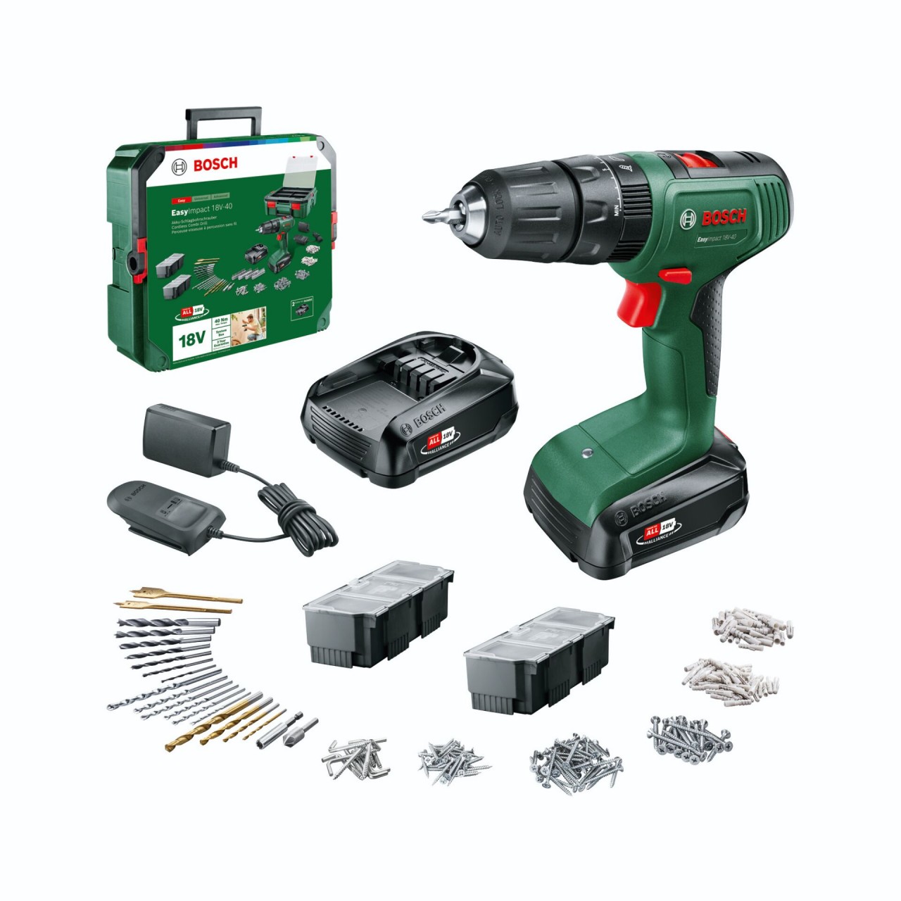 Bosch EasyImpact 18V-40 Akku-Schlagbohrmaschine-Set, inklu. 2x Akku, Ladegerät, Koffer + Zubehör-Set