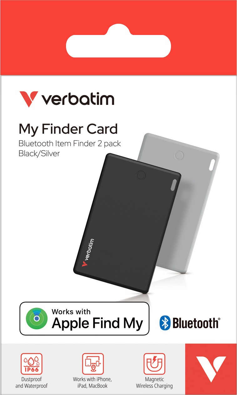 Verbatim Bluetooth-Tracker Li-Ion Polymer Akku 110mAh My FinderTracker My Finder Card MYFCR-01BS für Apple iOS Find My App Retail (2er-Pack) schwarz-silber