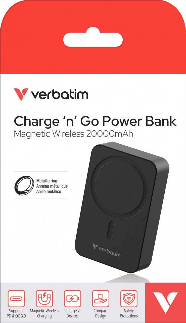 Verbatim Akku Powerbank, 20.000mAh, schwarz Magnetic Wireless, USB-C, QC-PD 3.0, Retail-Blister