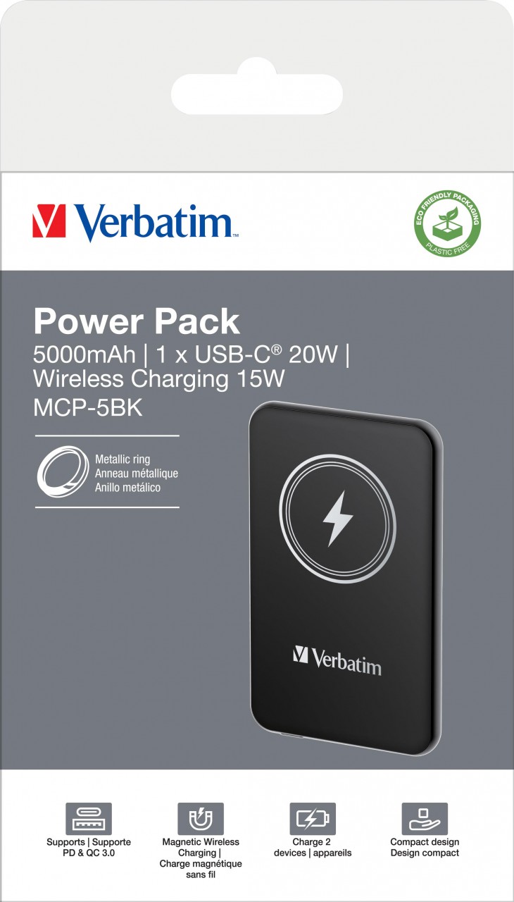 Verbatim Akku Powerbank, 5.000mAh, MCP-5BK, schwarz Magnetic Wireless, USB-C, QC-PD 3.0, Retail-Blister