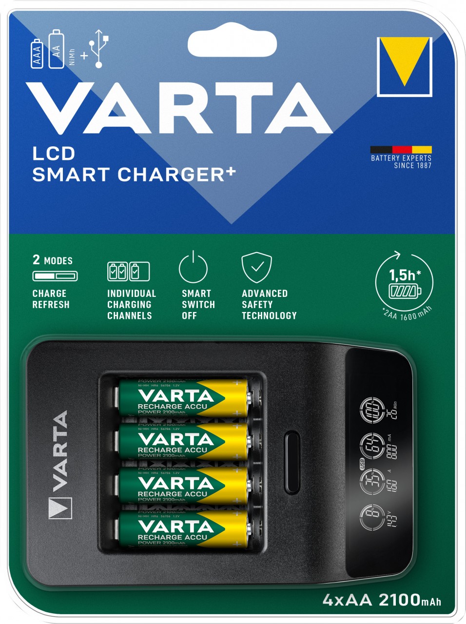 Varta Akku NiMH, Universal Ladegerät, LCD Smart Charger+ inkl. Akkus, 4x Mignon, AA, 2100mAh, USB