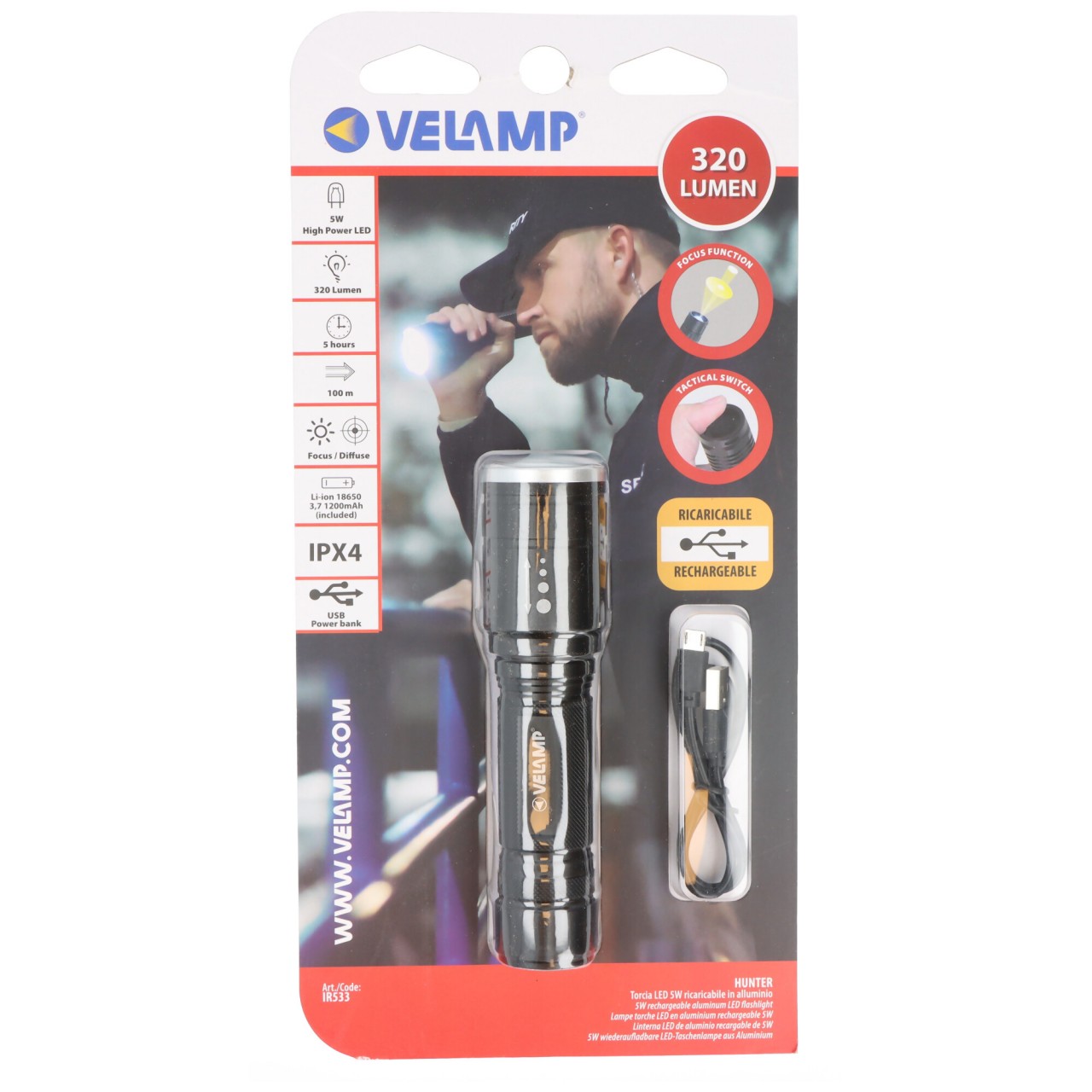 Velamp Hunter 5W wiederaufladbare LED-Taschenlampe mit Zoomfunktion 320lm 1200mAh Li-Ion