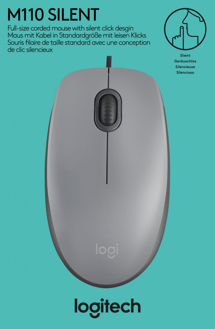 Logitech Maus M110, Silent, USB, grau Optisch, 1000 dpi, 3 Tasten, Retail