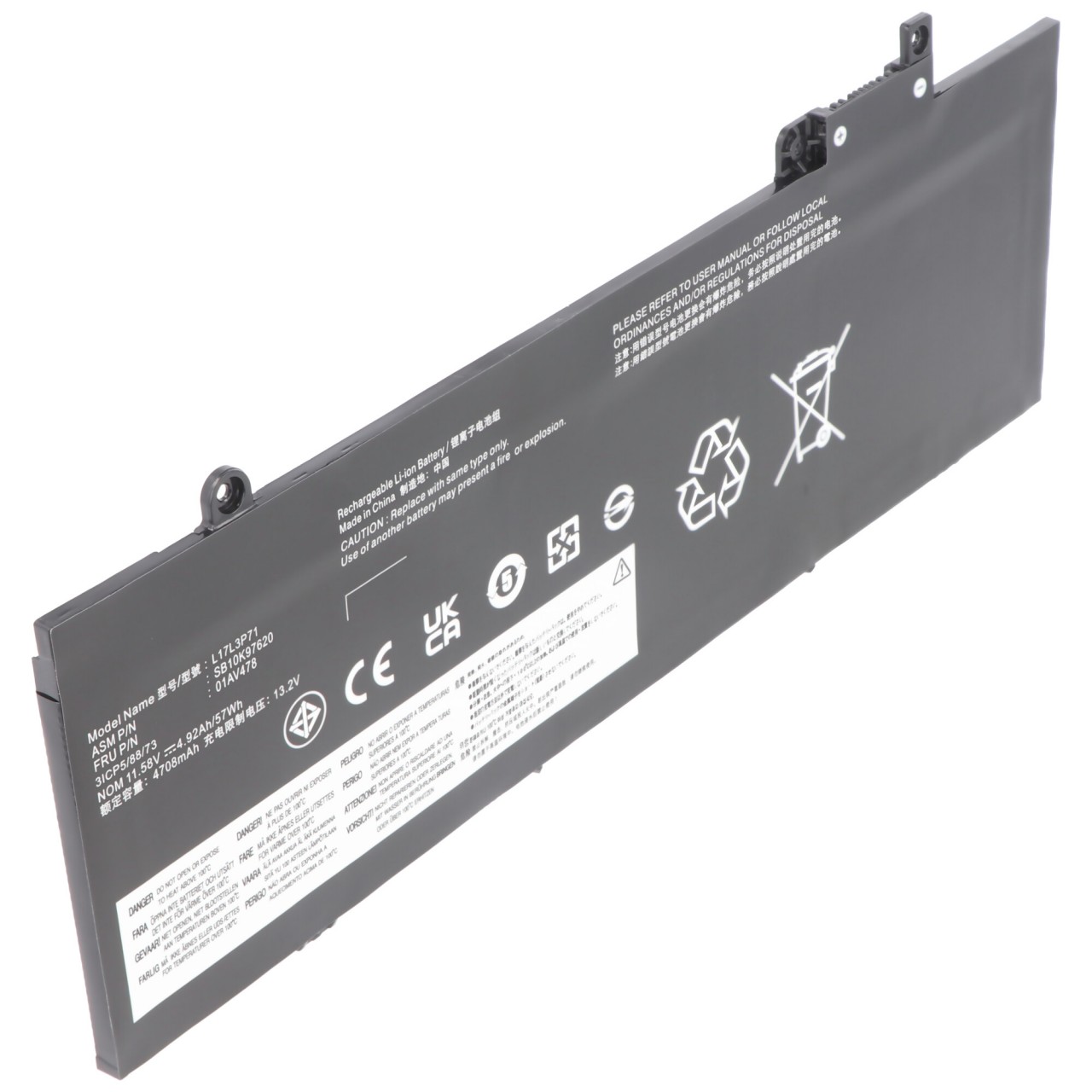Akku passend für Lenovo ThinkPad T480s, 01AV478, 01AV479, L17L3P71, 11,58V, 4600mAh