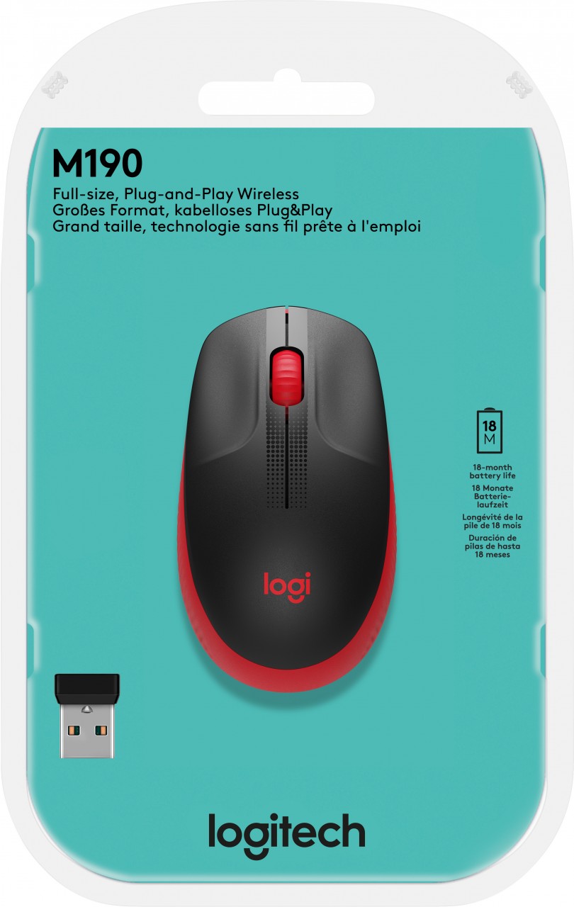 Logitech Maus M190, Wireless, rot Optisch, 1000 dpi, 3 Tasten, Retail