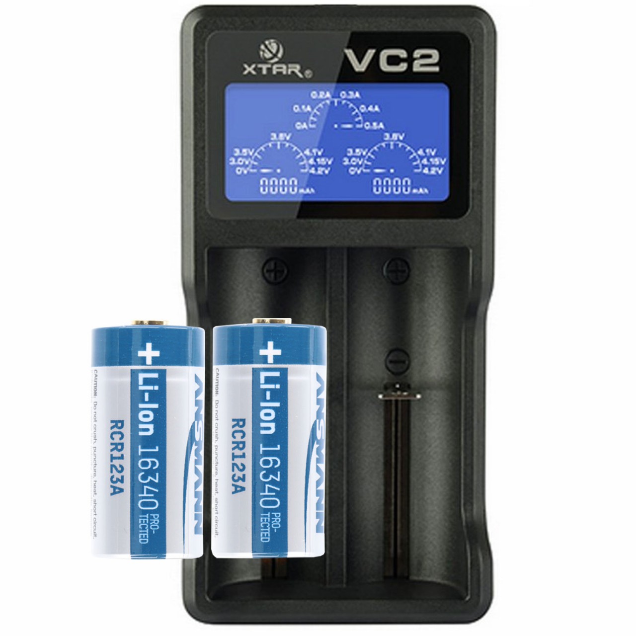 2 Stück CR123A Li-Ion Akku mit bis zu 850mAh und USB-Ladegerät mit großem Display, mit bis zu 0,5Ah Ladestrom