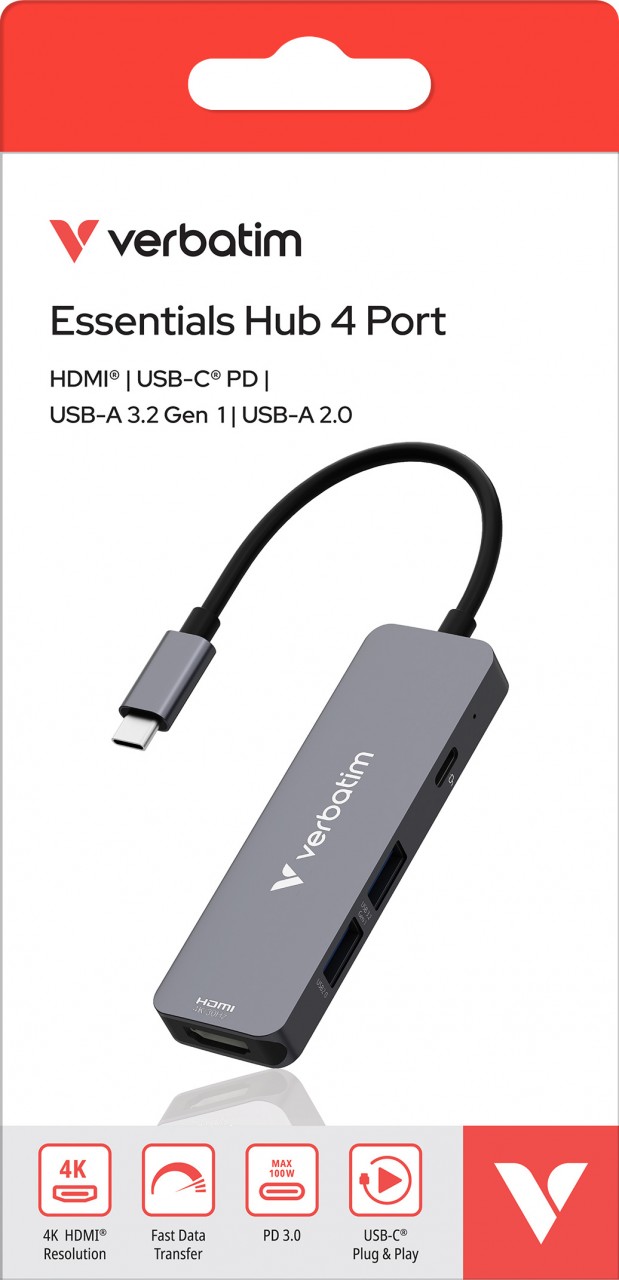 Verbatim Hub, USB-C Essentials, 4 Port HDMI, 2x USB-A, 1x USB-C PD, Retail-Blister